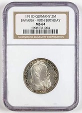 1911 D Germany Silver 2 Mark Bavaria 90th Birthday NGC MS64