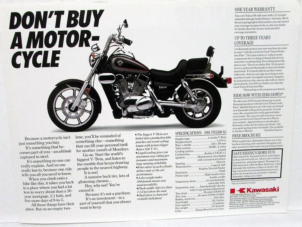 1991 Kawasaki Vulcan 88 Motorcycle Sales Brochure Data Sheet 1991 Kawasaki Vulcan 88 Motorcycle Sales Brochure Data Sheet