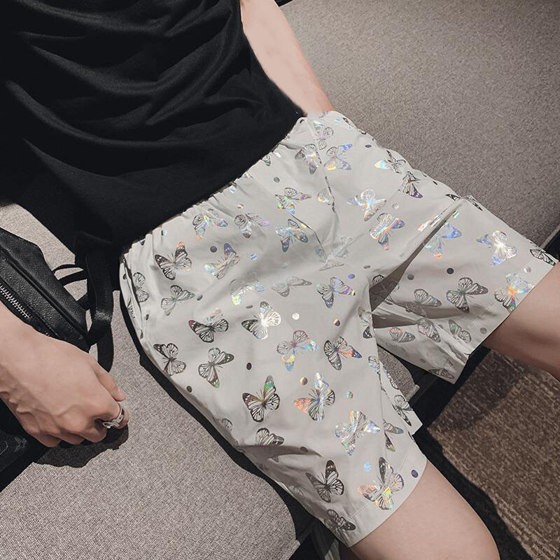 Men Beach Shorts Shiny Butterfly Printed Loose Elastic Waist Plus Size