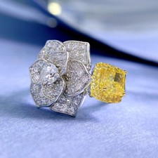 New Flower Design Square Yellow Citrine Gemstone Fashion Women Girl Silver Rings