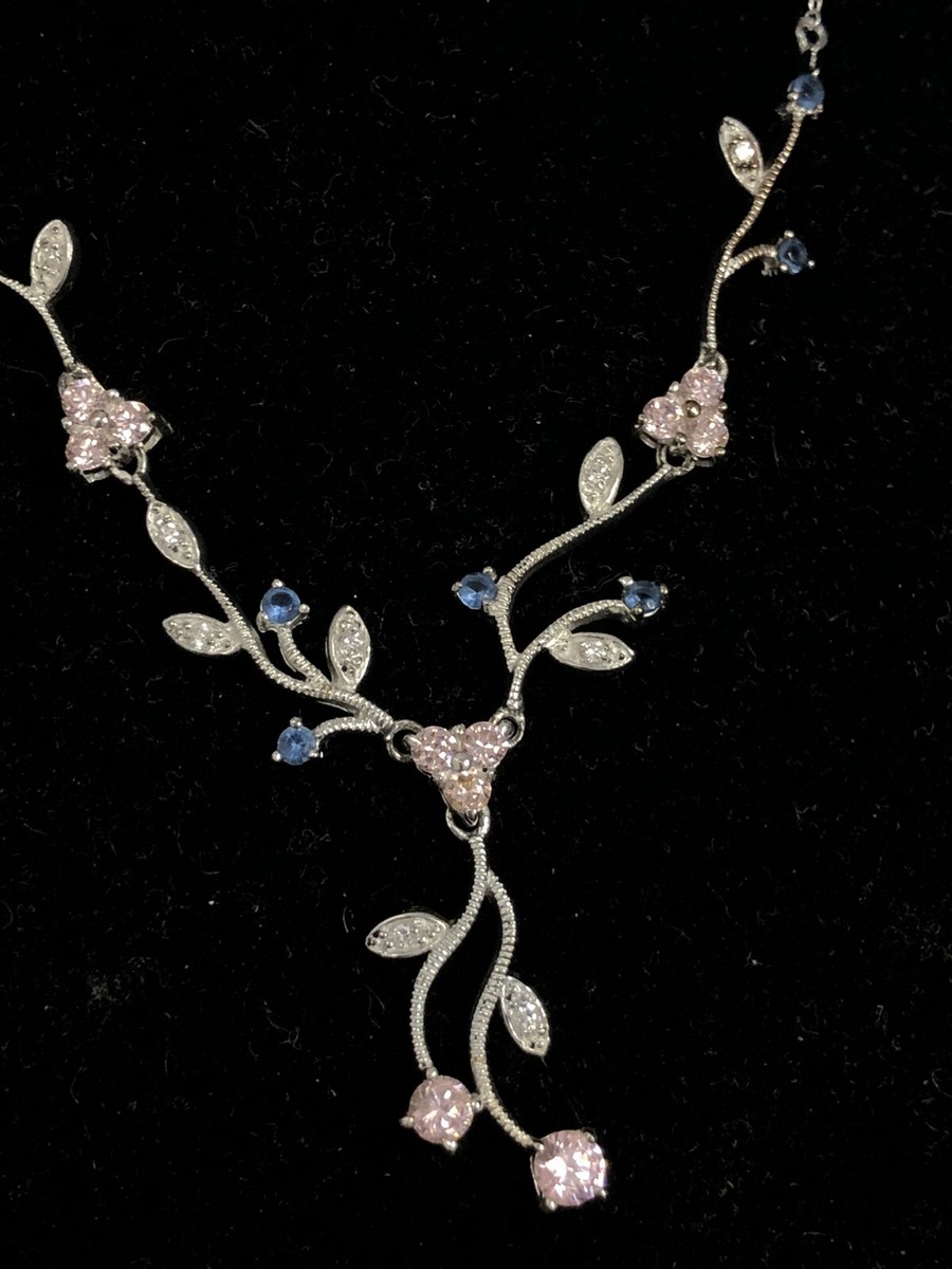 925 Sterling Silver Pink Blue Cubic Zirconia Vines Floral Y-Drop