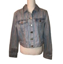 For The Republic Jean Jacket Blue Womens Large Red Pin Stripe Denim Button Up