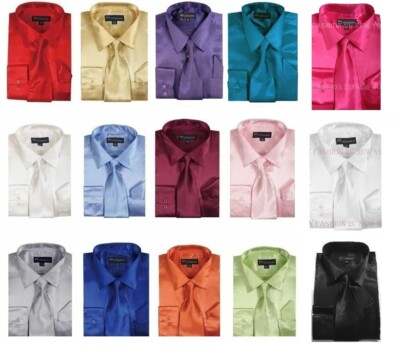 ** Men's Shiny Satin Dress Shirt Set With Tie and Handkerchief SG08  SZ:15.5-20.5 | eBay
