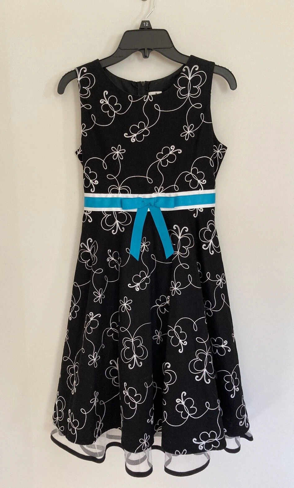Rare Editions Girls Party Dress Size 12 Black Floral Blue Ribbon Formal