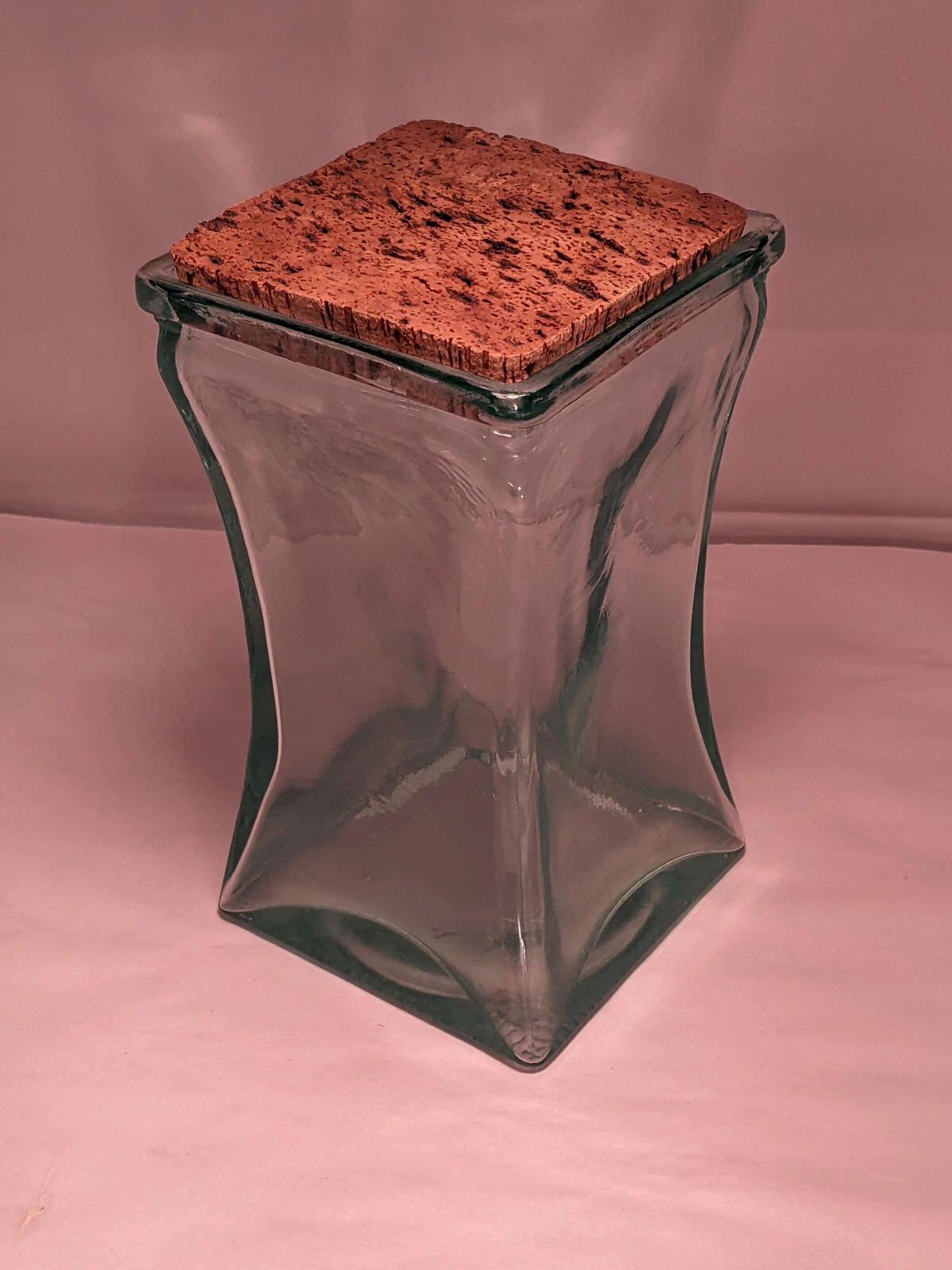 Vintage Italian Recycled Green Tint Glass Square Curved Canister Cork Lid 8.5in