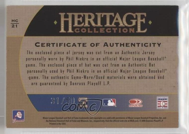 2005 Donruss Diamond Kings Combo Materials Signatures /50 Phil Niekro Auto HOF - Image 2 of 2