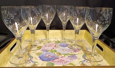 6 Colony CLARIDGE Wine/Water Glasses w/ Delicate Leaf Cut Set Rare HTF MCM