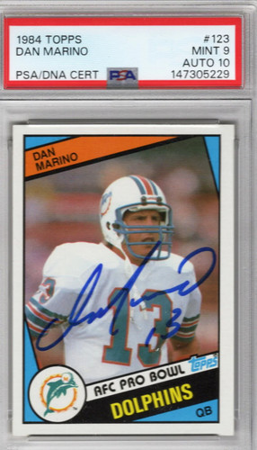 Dan Marino Signed Miami Dolphins 1984 Topps #123 Rookie Card PSA MINT 9 AUTO 10