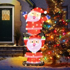 Christmas Outdoor LED Double Santa Yard Sign W/ String Lights  4 Stakes