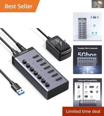 Fast and Reliable 7-Port USB 3.0 Hub with Individual Controls and Power Adapter