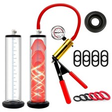 Manual Penis Pump w Gauge 9x1.75 Red Handle Male Vacuum Enlarger