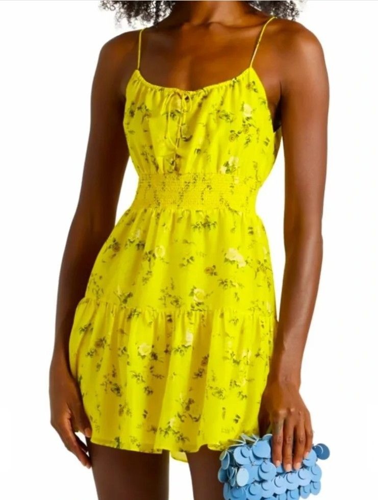 Alice + Olivia Yellow Mini Dress Floral Size 6 Silk Blend NWT