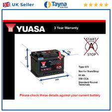 Battery fits CADILLAC BLS XLR CTS Yuasa 075 550A 60Ah 3Yr Warranty New