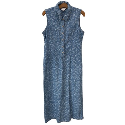 Casual Corner Annex Floral Denim Dress Women 12 Blue Chambray Boho Retro  Hippie