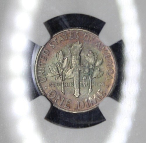 🌈 1955 Roosevelt Silber Groschen bewertet NGC MS66 mehrfarbig getönte Münze