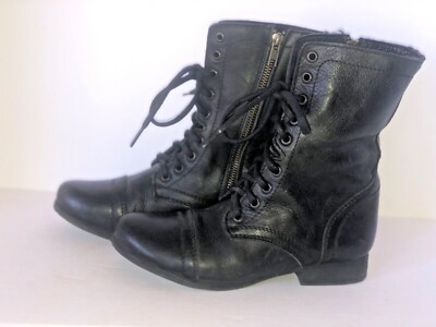 STEVE MADDEN WOMEN’S TROOPA 2-0 BLACK LEATHER LACE UP SIDE ZIP COMBAT  BOOTS-6M