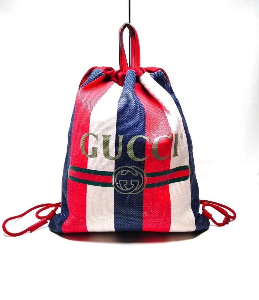 Gucci Logo Drawstring Backpack Striped Canvas Lar… - image 1