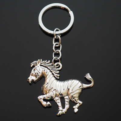 Zebra Africa Wild 2'' Stripes Pinto Pendant Charm Silver Keychain Gift