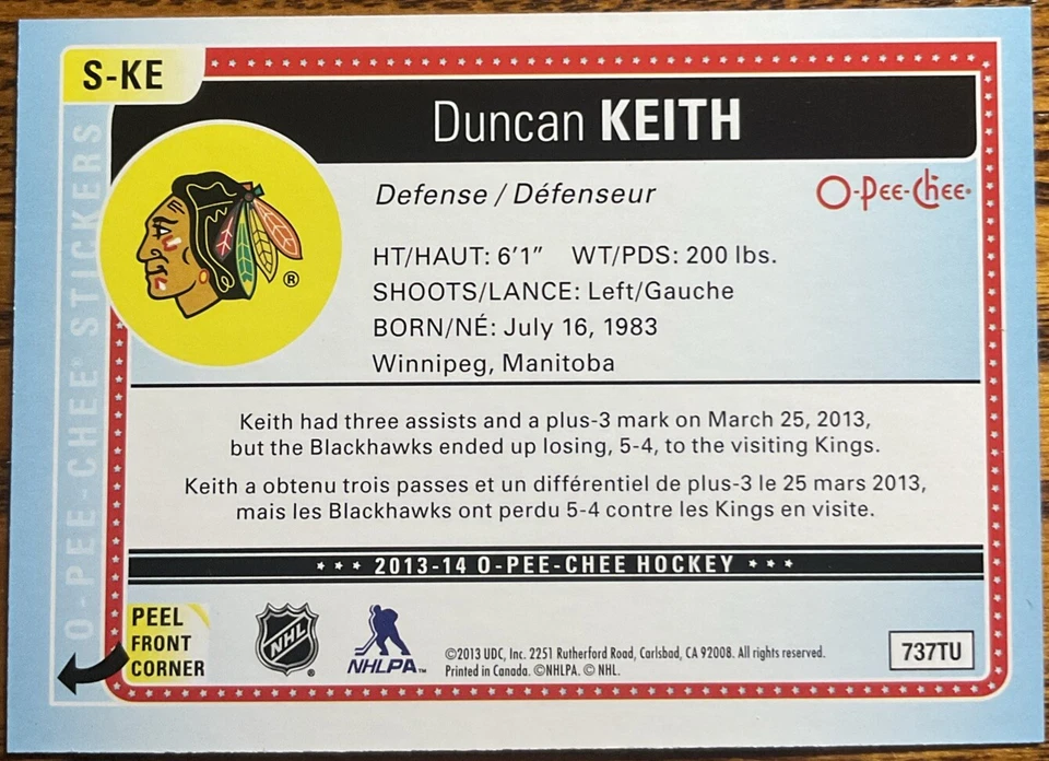 2013-14 O-Pee-Chee Stickers Duncan Keith #S-KE Chicago Blackhawks - Image 2 of 2