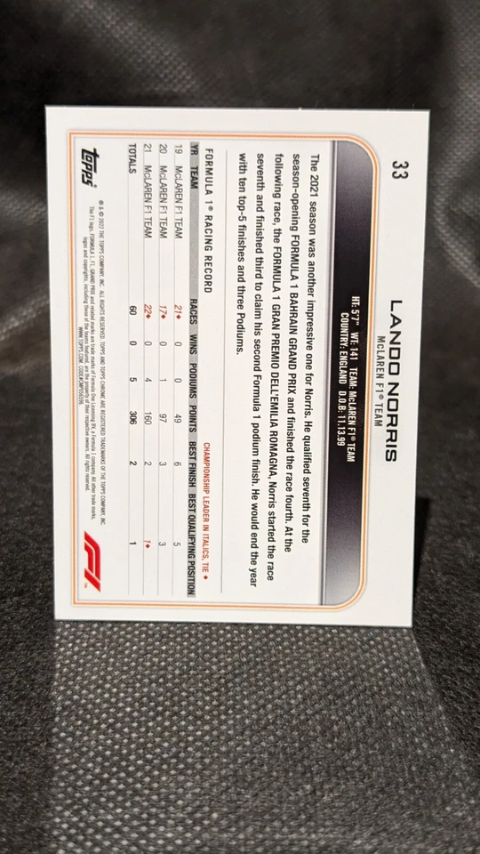 2022 Topps Chrome Formula 1 F1 Lando Norris Purple Green Refractor SP #33 - Image 2 of 2