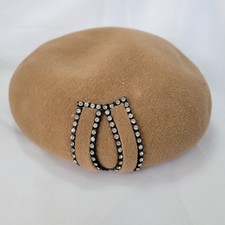 Vintage Womans Light Brown Wool Felt Hat Beret With Rhinestone Flapper Deco
