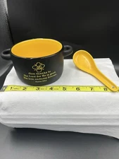 Ceramic Bowl M-Ware Soup Dip Bible Verse w/Spoon Black and Yellow