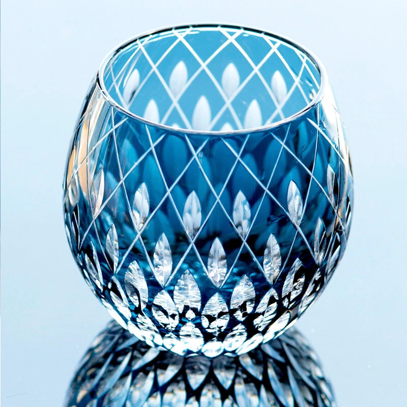 Vaso de whisky azul oscuro cristal Edo Kiriko vaso hecho a mano 12 oz Foto 2 de 4