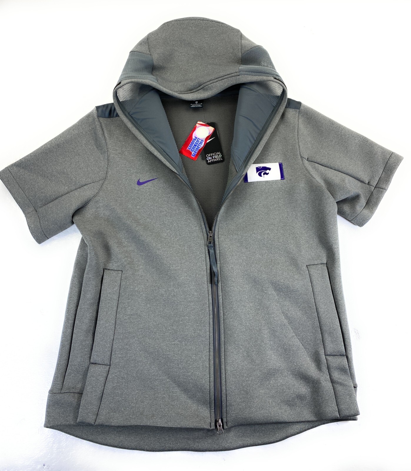 SACAI X NIKE Giacca con cappuccio Nike On Field uomo Show Out manica corta K State Kansas grigia nuova con etichette XL