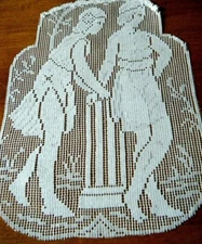 Old Victorian Filet net hand knotted darned linen panel figural w roman couple 