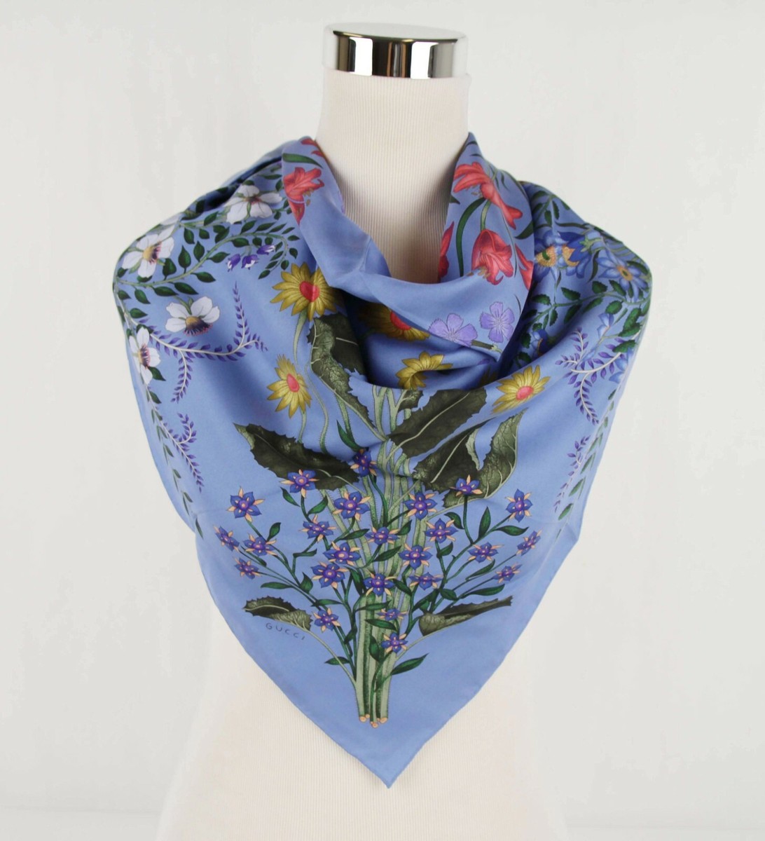 New Gucci Blue Silk Square Scarf with Wildflower Print