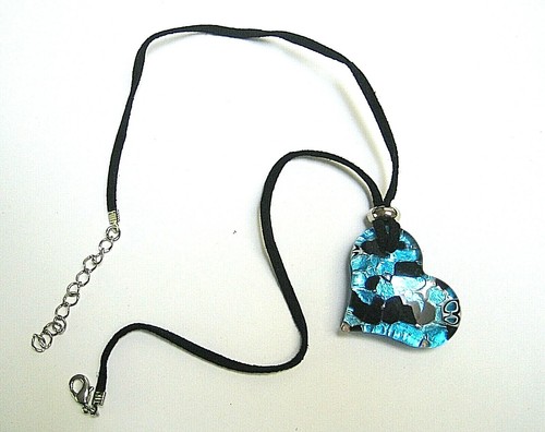 Hand Made Italian Murano Glass Heart Pendant - Blue, Black and Sliver