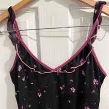 VTG Black Pink Slip Dress Sheer Floral Overlay velvet Trim Ruffle Strap Y2K 90s