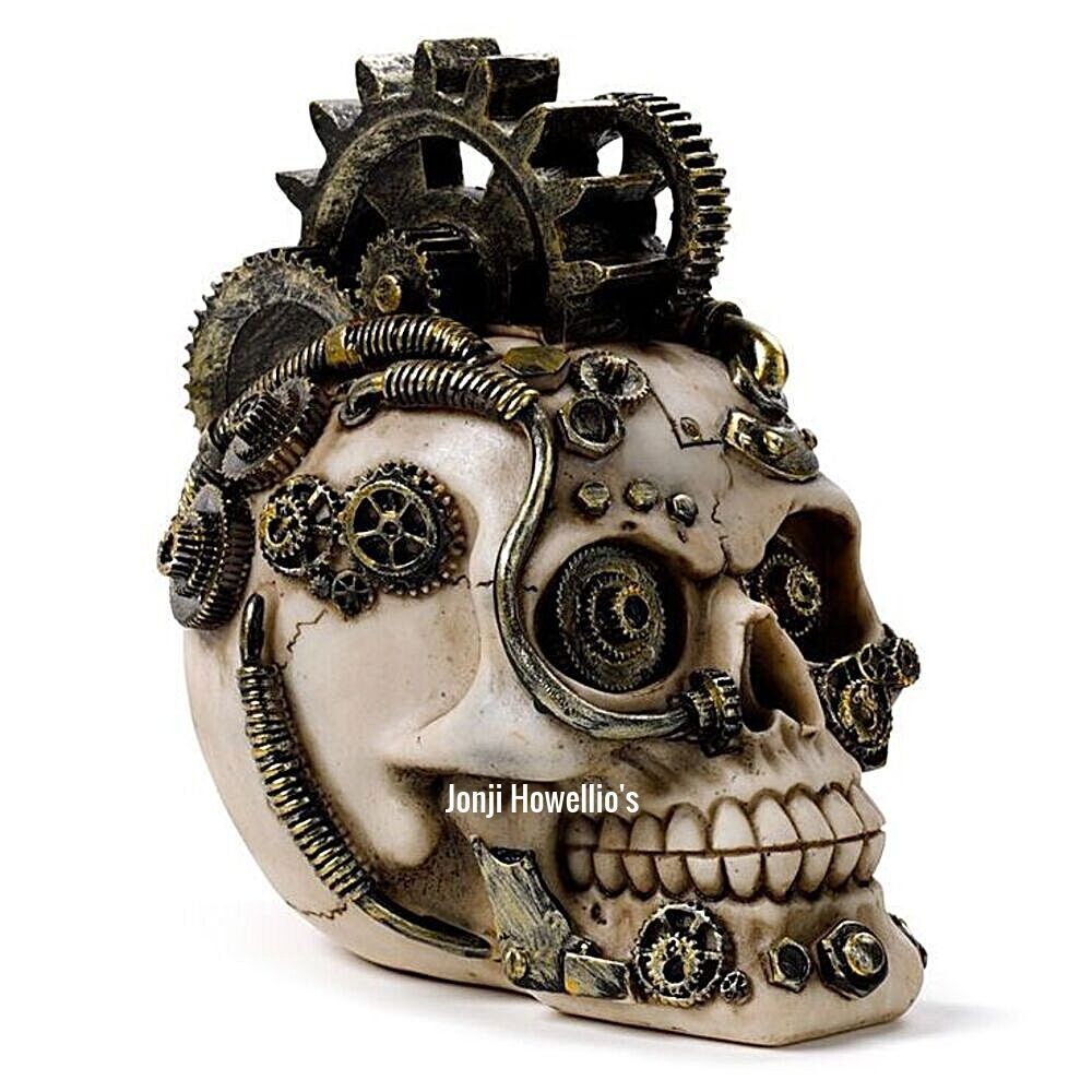 Steampunk Gothic Skull Ornament With Cogs Springs Sculpture Pagan Wiccan Decor