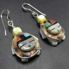 Zuni Darrin Boone Turtle Fetish Earrings With Sun Face Inlay
