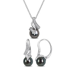 Amour Silver Cultured Tahitian Pearl & Diamond Accent Earrings & Pendant Set