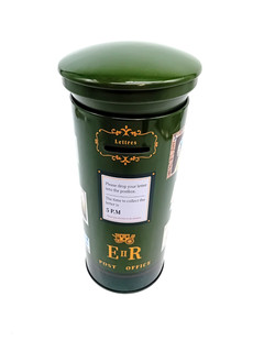 POST BOX MONEY TIN Green ER Post Office tin 10" with stamps decoration