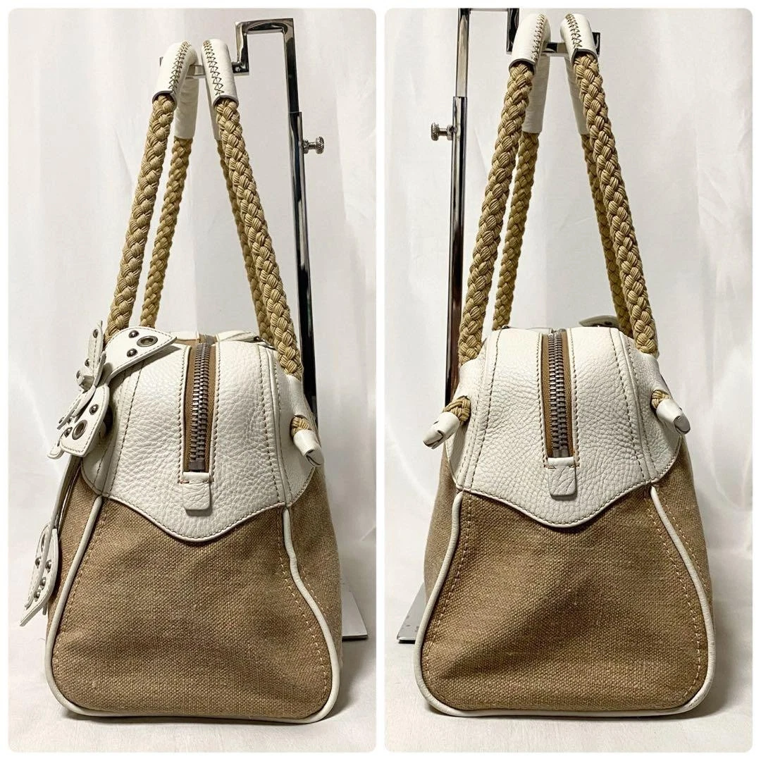 Borsa MIU MIU Flower Matelasse Tote Tracolla Beige Pelle Naturale Borchie Tela