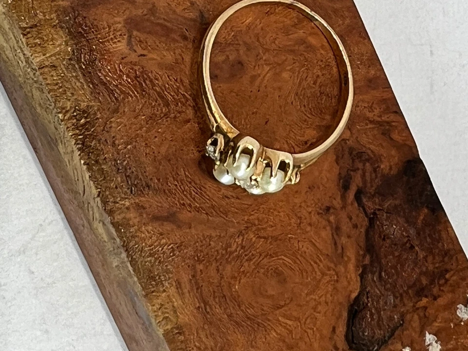 Винтажное кольцо из желтого золота 10 карат размер 7 1/4 белое семя жемчуг и бриллианты викторианский - Изображение 4 из 4