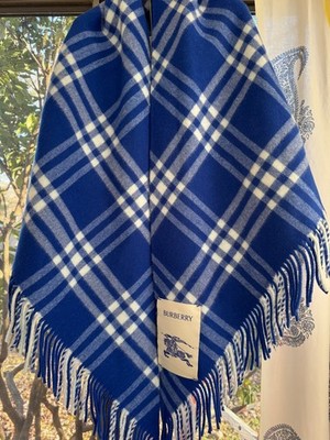 BURBERRY CAPE PONCHO SHAL WOOL BLUE CHECK FRINGED  KNIGHT $ 1290