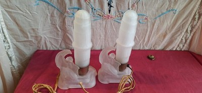 Vintage MCKEE Art Deco Frosted Glass Skyscraper Angels 2 Lamps