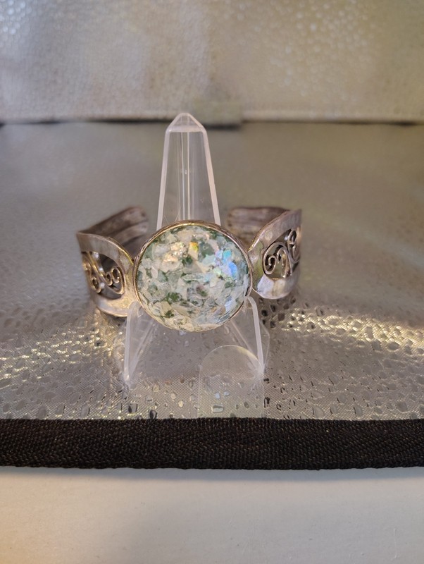 PZ  ISRAEL 925 SILVER CUFF BRACELET ANCIENT ROMAN GLASS  31.8 GRAMS LOT G-04