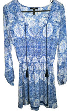 NWOT Forever 21 Mini Dress Womens Small Blue White Long Sleeve Tie Front Lined