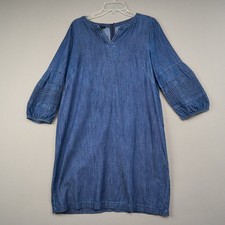 Talbots Denim Shirt Dress Womens 14P Blue Cotton Back Zip V-Neck Full Sleeves