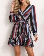 Adelyn Rae Size L Striped Wrap Style Dress Long Sleeve Ruffle Hem Midi
