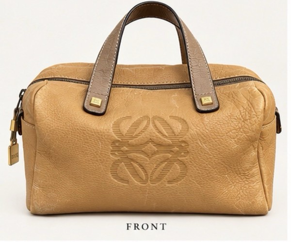 Vintage Loewe Anagram Boston Bag Camel Tan Leather Made in Spain Handbag