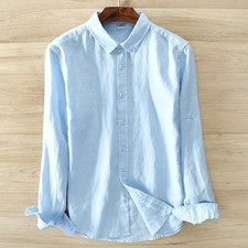 Men's Linen Cotton Thin Shirts Long Sleeve Casual Slim Fit Lapel Collar Shirt