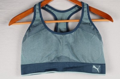 Puma Seamless Womens Blue Aqua Sports Bra Logo Band Look at Measurements for Fit