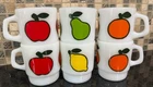 6pc Vintage Anchor Hocking FIRE KING Milk Glass SUPER FRUIT Stacking Coffee Mugs