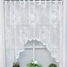 2 Panel White Vintage Embroidered Lace Sheer Kitchen Curtain Swag Valance Drapes