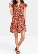 Knox Rose Terracotta Floral Dress Sz M Ruffle Sleeve Western Boho Stretch Cotton